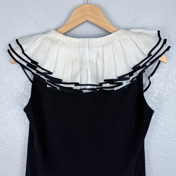 Escada Vintage Black Cocktail Dress w/ White Ruffle Collar 40 - Designer, V-Neck - Picture 6 of 16